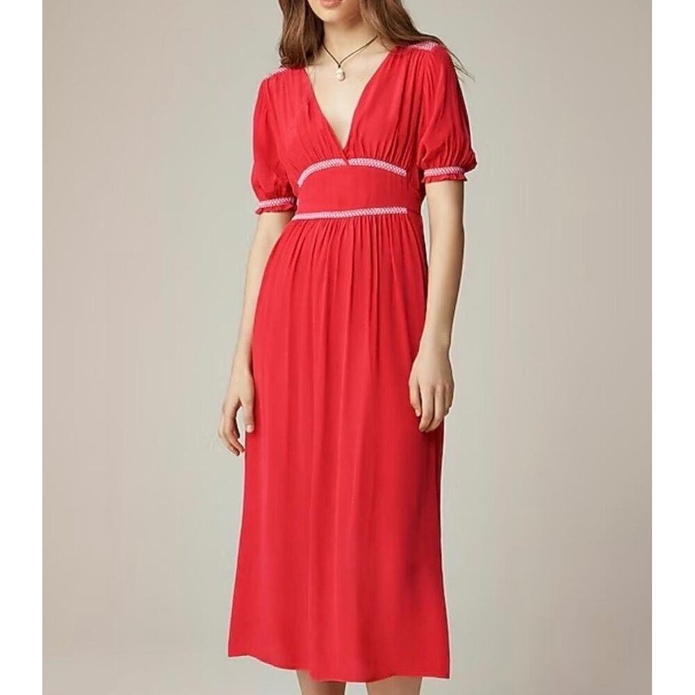 J. Crew Smocked-Trim Short Sleeve Midi Slip Dress in Crepe De Chine Red 6